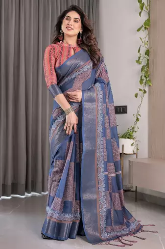 Printed floral handloom linen weaved with golden zari saree with stylish tassel finish     ready to wear
