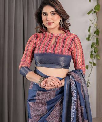Printed floral handloom linen weaved with golden zari saree with stylish tassel finish     ready to wear 4