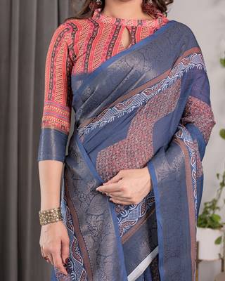 Printed floral handloom linen weaved with golden zari saree with stylish tassel finish     ready to wear 5