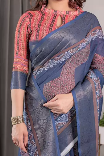 Printed floral handloom linen weaved with golden zari saree with stylish tassel finish     ready to wear