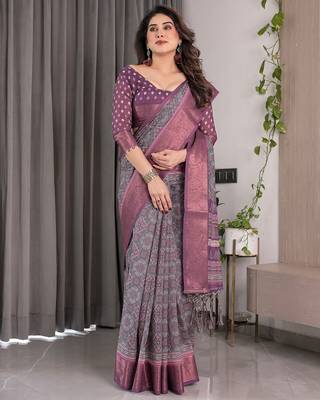 Graceful handloom linen weaved with golden zari saree with artistic floral print & tassels 5
