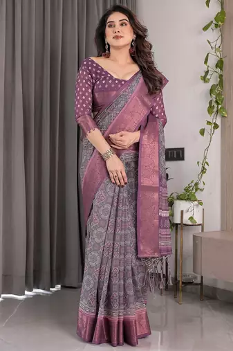 Graceful handloom linen weaved with golden zari saree with artistic floral print & tassels