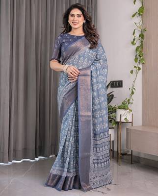 Designer floral print handloom linen weaved with golden zari saree with tassel pallu & blouse 1