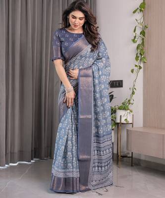 Designer floral print handloom linen weaved with golden zari saree with tassel pallu & blouse 2
