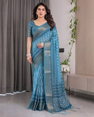 Linen weaved with golden zari handloom saree with digital floral print and tassels     festive wear 1