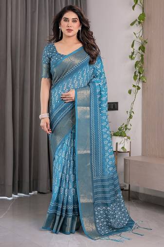 Linen weaved with golden zari handloom saree with digital floral print and tassels – festive wear