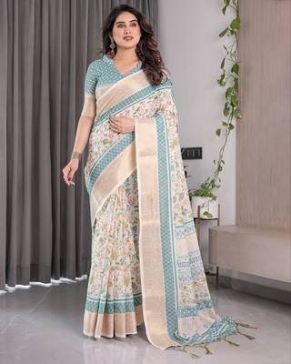 Ethnic handloom linen weaved with golden zari saree with colorful floral print and matching blouse 1