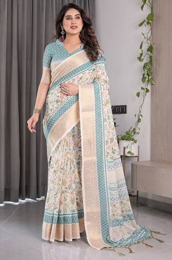 Ethnic handloom linen weaved with golden zari saree with colorful floral print and matching blouse