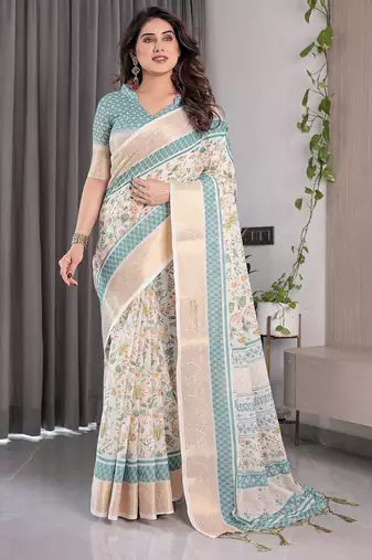 Ethnic handloom linen weaved with golden zari saree with colorful floral print and matching blouse