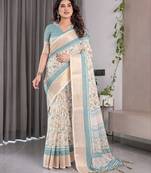 Ethnic handloom linen weaved with golden zari saree with colorful floral print and matching blouse