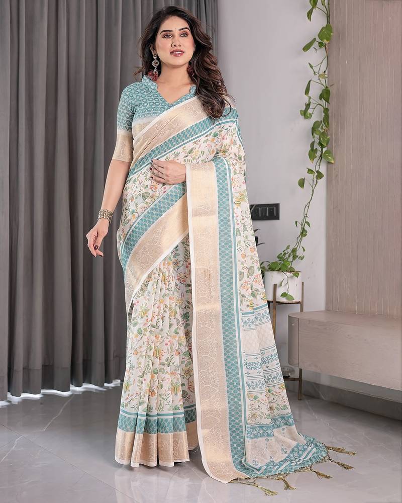 Ethnic handloom linen weaved with golden zari saree with colorful floral print and matching blouse