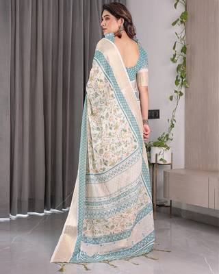 Ethnic handloom linen weaved with golden zari saree with colorful floral print and matching blouse 2
