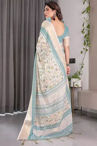 Ethnic handloom linen weaved with golden zari saree with colorful floral print and matching blouse