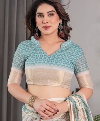 Ethnic handloom linen weaved with golden zari saree with colorful floral print and matching blouse 3