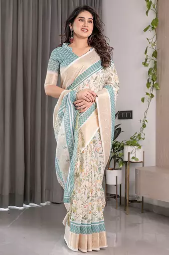 Ethnic handloom linen weaved with golden zari saree with colorful floral print and matching blouse