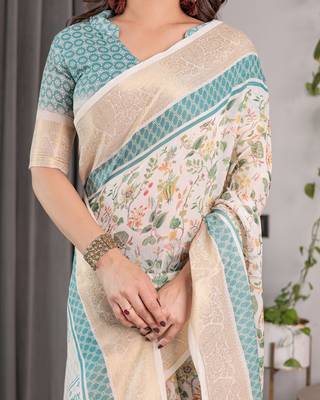 Ethnic handloom linen weaved with golden zari saree with colorful floral print and matching blouse 5