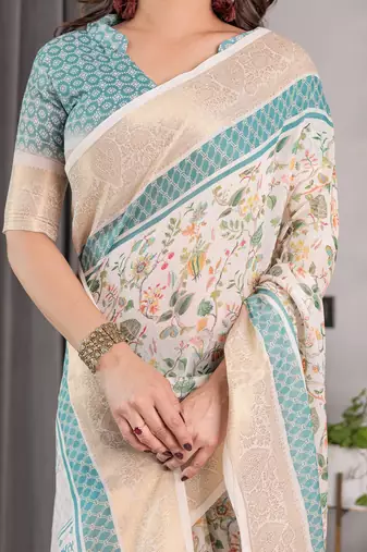 Ethnic handloom linen weaved with golden zari saree with colorful floral print and matching blouse
