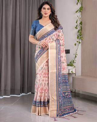 Women   s handloom linen weaved with golden zari saree     floral printed with attached blouse & tassels 1