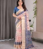 Women   s handloom linen weaved with golden zari saree     floral printed with attached blouse & tassels