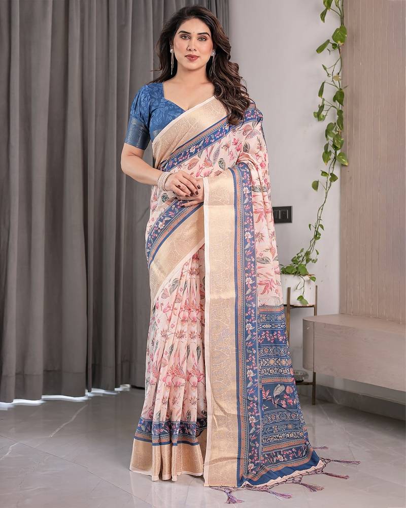 Women   s handloom linen weaved with golden zari saree     floral printed with attached blouse & tassels