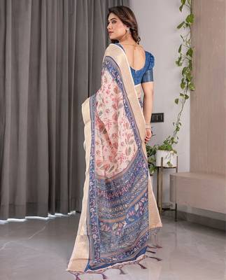Women   s handloom linen weaved with golden zari saree     floral printed with attached blouse & tassels 3
