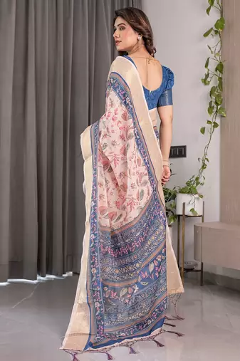 Women   s handloom linen weaved with golden zari saree     floral printed with attached blouse & tassels