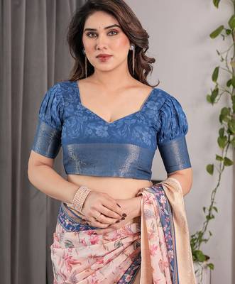 Women   s handloom linen weaved with golden zari saree     floral printed with attached blouse & tassels 4
