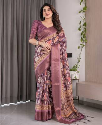 Premium floral print handloom linen weaved with golden zari saree with pallu tassels     5.5m 1