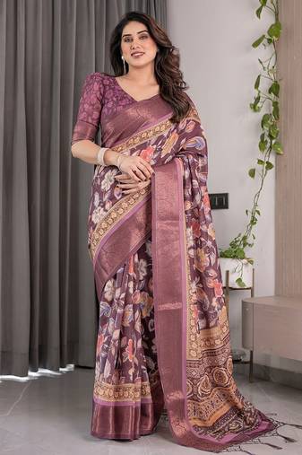 Premium floral print handloom linen weaved with golden zari saree with pallu tassels – 5.5m