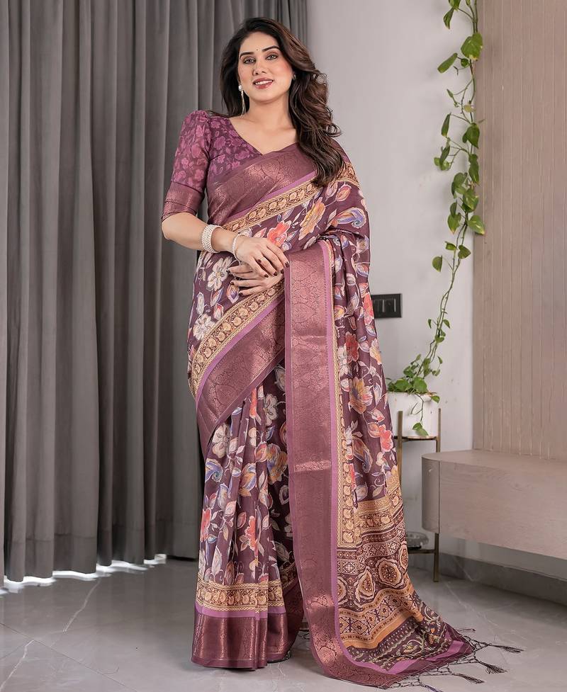 Premium floral print handloom linen weaved with golden zari saree with pallu tassels     5.5m