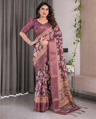 Premium floral print handloom linen weaved with golden zari saree with pallu tassels     5.5m 2
