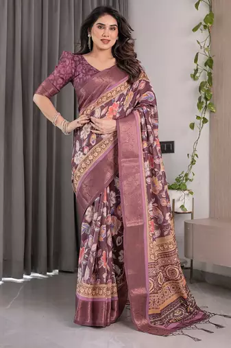 Premium floral print handloom linen weaved with golden zari saree with pallu tassels     5.5m