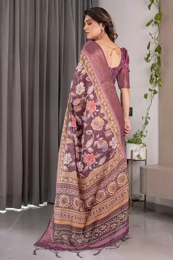 Premium floral print handloom linen weaved with golden zari saree with pallu tassels     5.5m