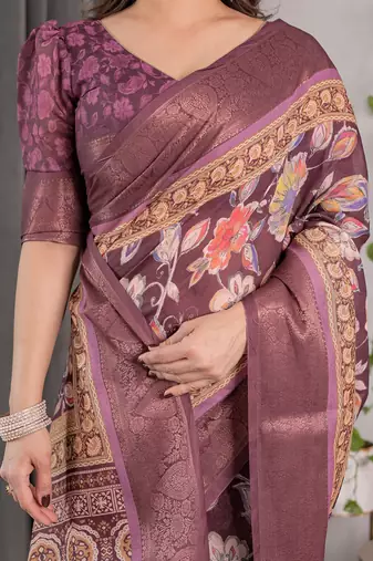 Premium floral print handloom linen weaved with golden zari saree with pallu tassels     5.5m
