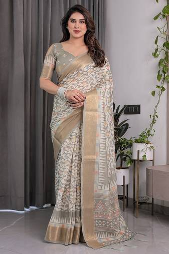 Printed handloom linen weaved with golden zari saree for women with floral design and tassels
