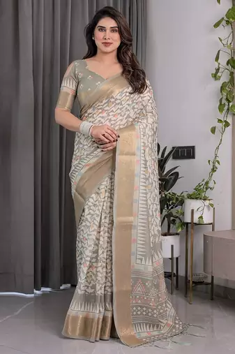 Printed handloom linen weaved with golden zari saree for women with floral design and tassels