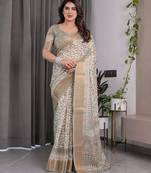 Printed handloom linen weaved with golden zari saree for women with floral design and tassels