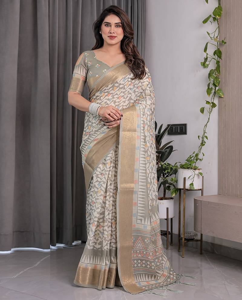 Printed handloom linen weaved with golden zari saree for women with floral design and tassels