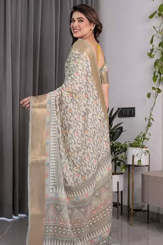 Printed handloom linen weaved with golden zari saree for women with floral design and tassels