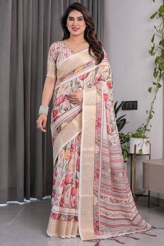 Everyday elegance handloom linen weaved with golden zari floral saree with blouse piece     5.5m