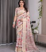 Everyday elegance handloom linen weaved with golden zari floral saree with blouse piece     5.5m