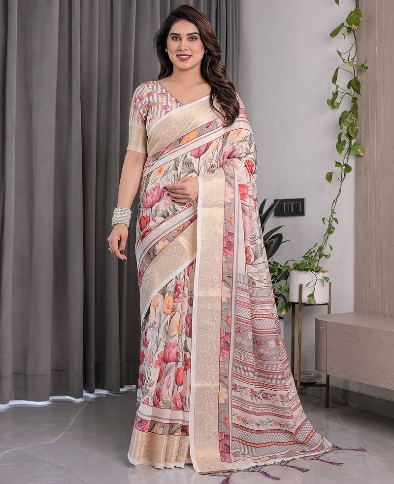 Everyday elegance handloom linen weaved with golden zari floral saree with blouse piece     5.5m