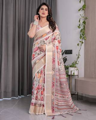 Everyday elegance handloom linen weaved with golden zari floral saree with blouse piece     5.5m 2