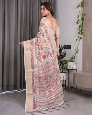 Everyday elegance handloom linen weaved with golden zari floral saree with blouse piece     5.5m 3