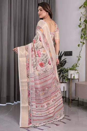 Everyday elegance handloom linen weaved with golden zari floral saree with blouse piece     5.5m