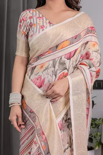 Everyday elegance handloom linen weaved with golden zari floral saree with blouse piece     5.5m