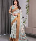 Soft handloom linen weaved with golden zari saree with multicolor floral print and tassel edges