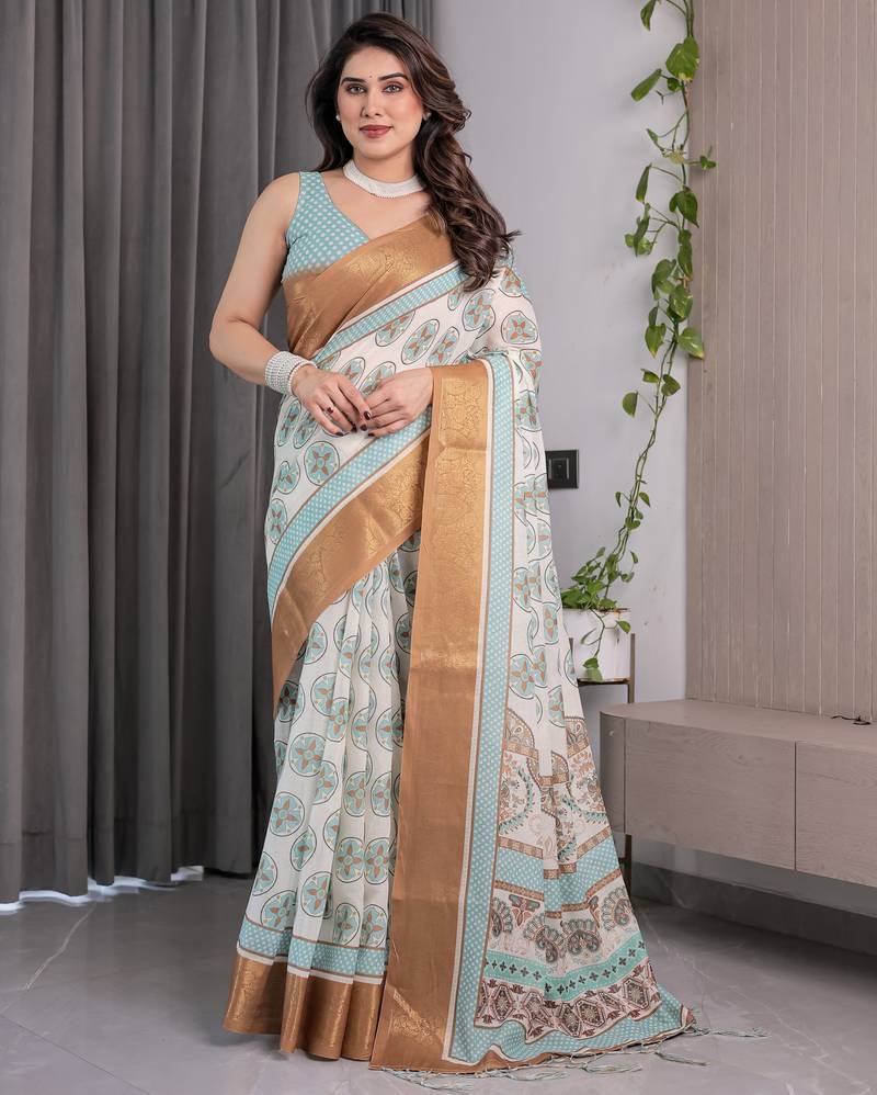 Soft handloom linen weaved with golden zari saree with multicolor floral print and tassel edges