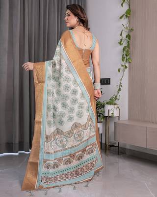 Soft handloom linen weaved with golden zari saree with multicolor floral print and tassel edges 2