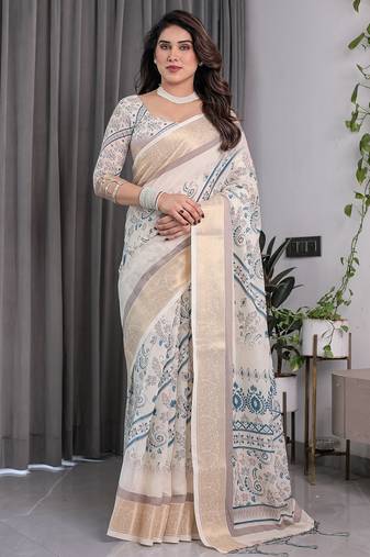 Stylish linen weaved with golden zari handloom saree with floral digital print and tassels     5.5m + 0.8m